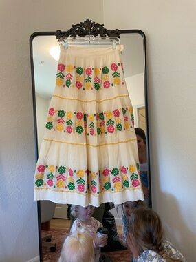 Antik Batik Cream Tiered Maxi Skirt with Multicolor Floral Embroidery